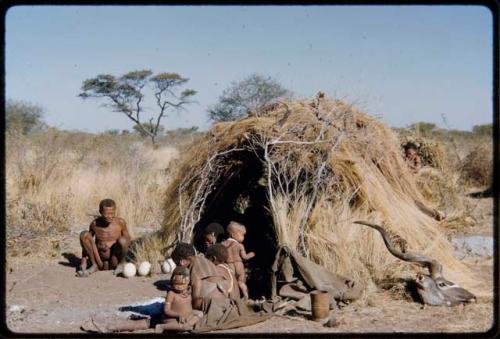 Groups, Extended Family: "Old ≠Toma," "Old /Gam," and Khuan//a and her baby /Qui sitting in front of Gau's skerm, with a kudu head on the ground next to the skerm