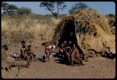 Groups, Extended Family: People sitting in front of Gau's skerm, with a kudu head on the ground next to the skerm