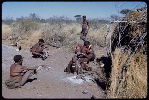 Groups, Extended Family: "Old ≠Toma" drinking from an ostrich eggshell in front of Gau's skerm, with people sitting near him and ≠Toma (son of !Naishi) standing in the background