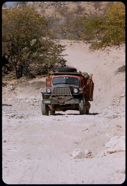 Expedition truck on the road from Kaoko Otavi to Orupembe