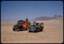 Expedition trucks, with sand dunes in the distance