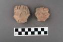 3 pottery figurine heads with deeply incised headdresses