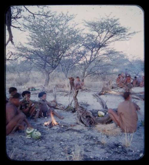 Group of people sitting by fire