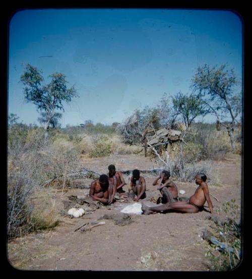 Groups, Men: Group of men sitting, including one working on animal hide and another with mortar and pestle