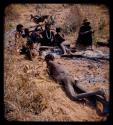 Groups, Men: Group of people sitting by ashes of fire, with one wearing western clothes