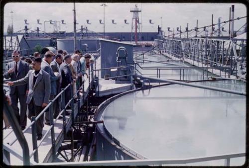 Group of people looking at separating tanks