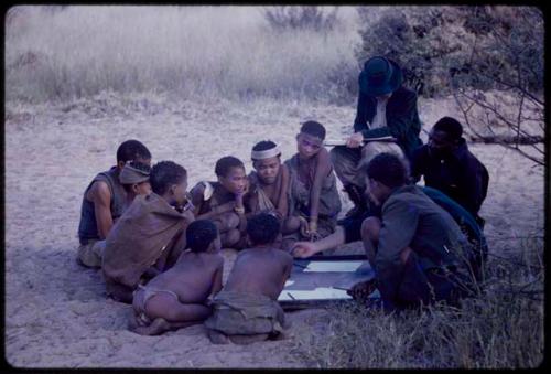 Lorna Marshall, Elizabeth Marshall Thomas, and Kernel Ledimo drawing with a group of people