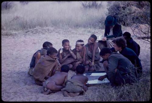 Lorna Marshall, Elizabeth Marshall Thomas, and Kernel Ledimo drawing with a group of people