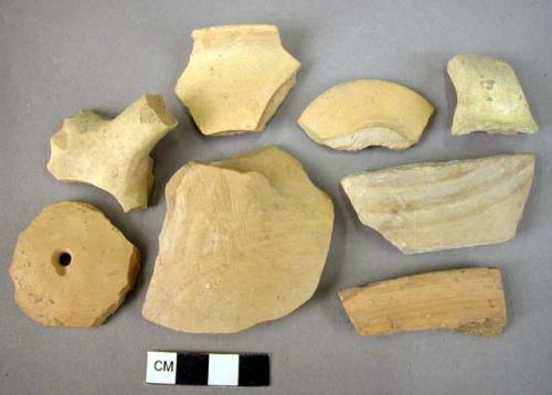 3 rim potsherds; 8 sherds; 1 sherd with perforated hole; 2 handle fragments; 1 f