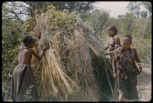 Women putting grass on skerm, including N!ai