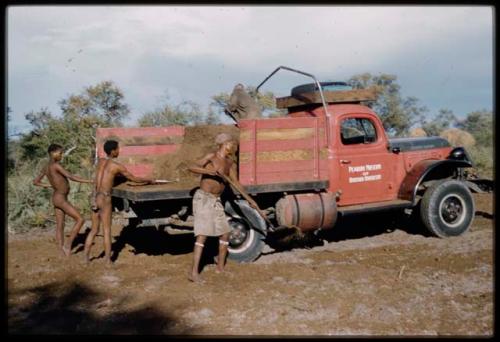 Man spreading fertilizer and two boys standing next to a red truck reading "Peabody Museum of Harvard University"