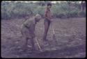 Two men clearing a garden with hoe and spade