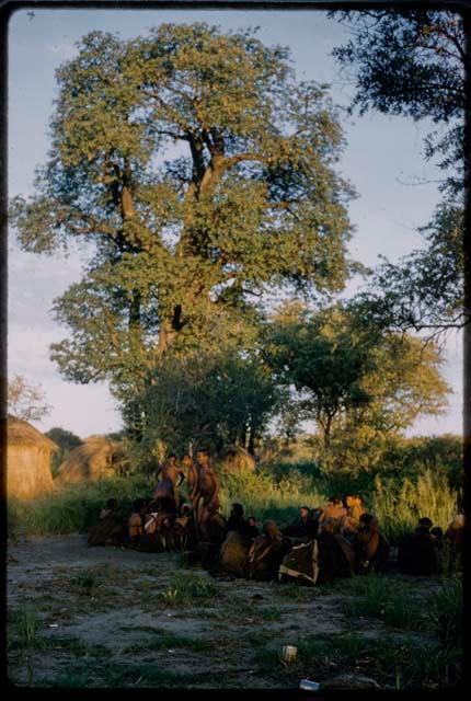 Group of people sitting and watching a curing dance, with huts and baobab trees in the background