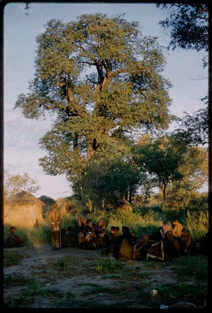 Group of people sitting and watching a curing dance, with huts and baobab trees in the background