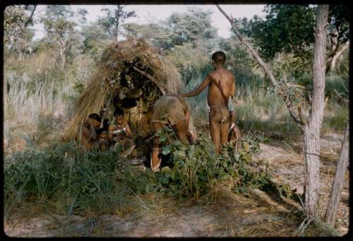 Group of children gathered in front of a skerm, with a ritual dancer standing in the foreground