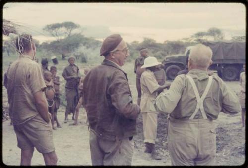 Expedition members, including Laurence Marshall and John Marshall, arriving at Tsumkwe, with a group of people present