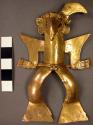 Gold plated copper anthropomorphic figurine with bird head - mounted on glass