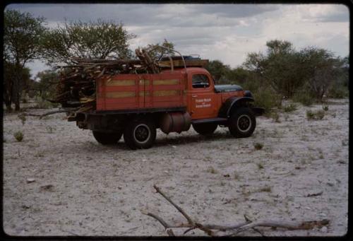 Red truck loaded with wood, reading "Peabody Museum of Harvard University" on its door