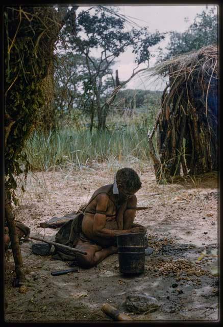 Woman sitting and cracking mangetti nuts, seen from a distance