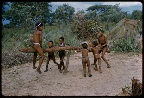 Group of boys playing with a swinging log