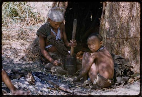 N!ai using a mortar and pestle in front of a skerm, with Baou sitting nearby