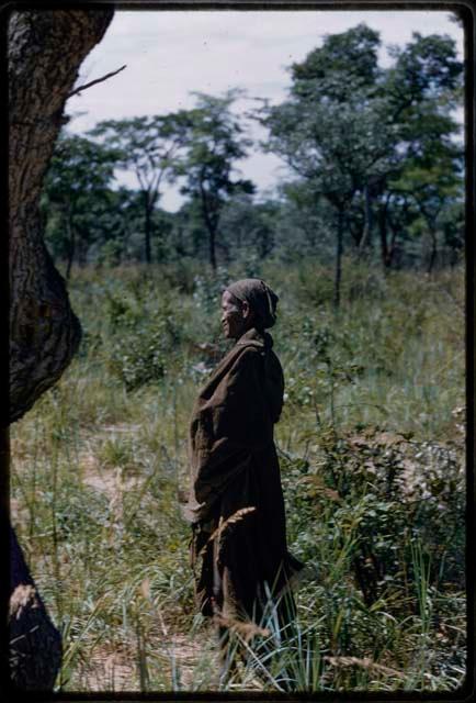 Woman standing, wrapped in her kaross