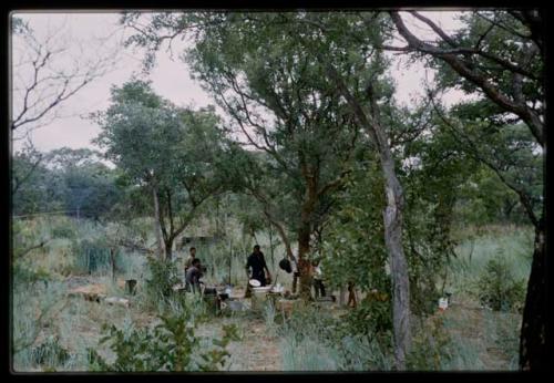 Expedition members at the camp kitchen from a distance