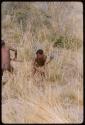 Two boys in long grass, holding poles in their hands