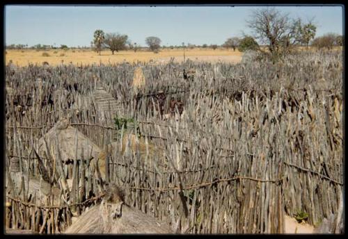 People, round huts and fence inside a kraal, view from the top of the expedition truck