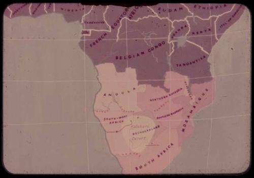 Map drawn to show the Kalahari Desert, showing Gautscha and the route of the 1951 expedition