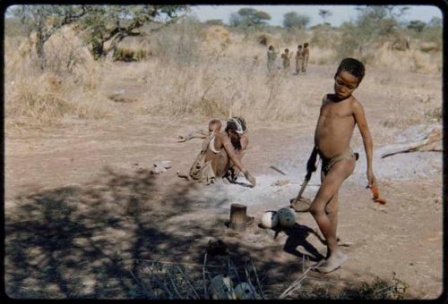 Children, Eating: Tsamgao (son of ≠Toma and !U) standing and holding a knife, with !U, !Ungka Norna and an unidentified person cooking in ashes near him