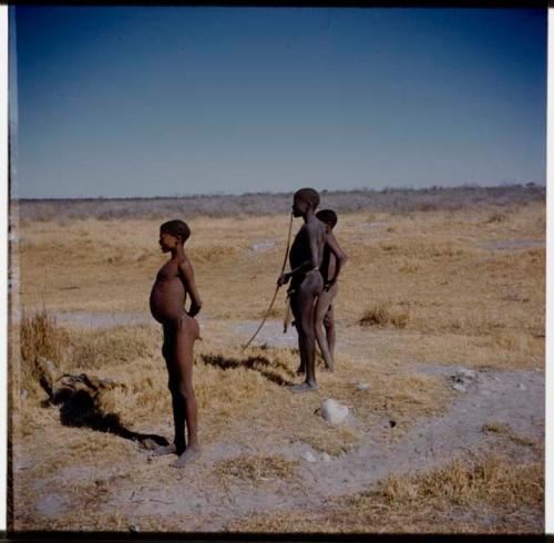 Hunting: Two Ju/'hoan boys standing with Cavasitue's son (half of stereoview 2001.29.6128)