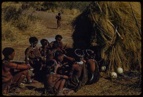 Ornament: Group of women sitting closely together in front of a skerm