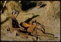 Red Powder: Woman sitting and using a stone to pound red powder to use on her kaross