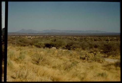 Scenery, Mountains: Brush and road, with mountains in the distance