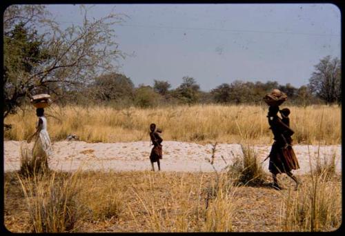 Women walking, carrying bundles on their heads and babies on their backs