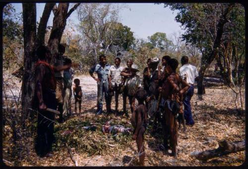 People standing around a goat carcass in the expedition camp at Hambia's living place