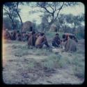 Groups of people sitting, with skerms in the background