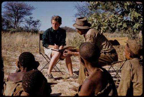 Elizabeth Marshall Thomas and Wilhelm Camm interviewing a group of people