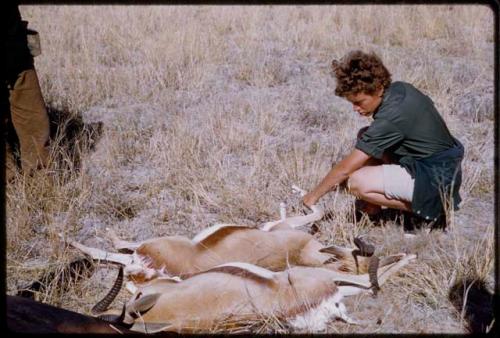 Elizabeth Marshall Thomas holding a springbok's leg