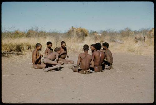 Story Telling, Game: Group of men and boys playing !’Om g!xuni / ’Ai kota !U!u g!xuni / N!aih //’an (the porcupine game or the "axe and assegai game") including "/Qui Navel," !Naishi (son of Khwo//o, brother of "/Gao Music"), ≠Toma (Gau's son), "Gao Medicine," /Gunda and //Ao