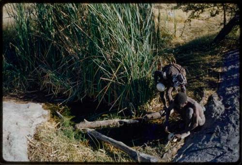 Water Hole: Man and a woman filling ostrich egg shells at a waterhole