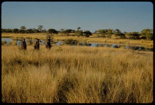 Water Hole: Three women walking through grass, with a small pan behind them