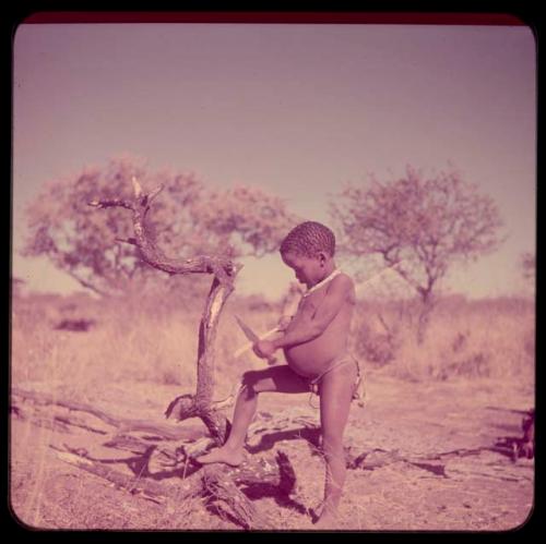 Children, Toys, Playthings: Boy peeling a stick for the stick game