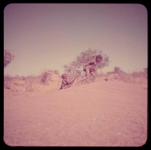 Children, Toys, Playthings: Boy pulling a child up a termite mound on a kaross