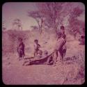 Children, Toys, Playthings: Three boys pulling two little boys on a kaross, with Be and Bau standing and watching