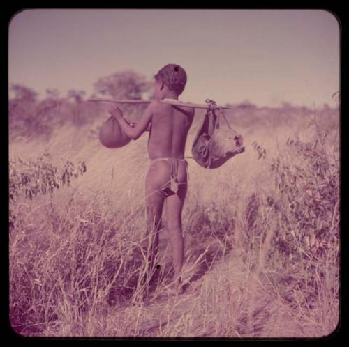 Children, Socialization: Boy carrying water bags made from animal stomachs and another bag on a digging stick over his shoulder