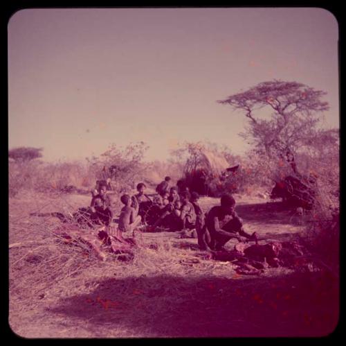 Food, Meat: "Gao Medicine" cutting up meat for distribution, with ≠Toma and other people sitting behind him