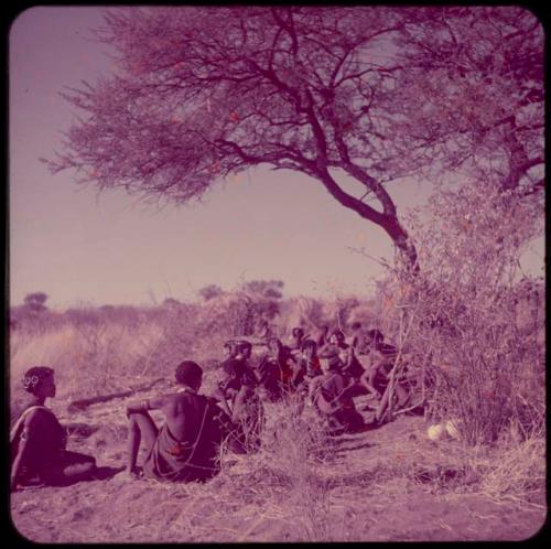 Groups, Extended Family: "Gao Helmet" sitting with his extended family in his dwelling place, including Khuan//a (daughter of "Old /Gaishay"), Khwo//o-/Gasa, ≠Gao (husband of Khwo//o-/Gasa), //Kushay ("Gao Helmet's" second wife, daughter of ≠Gao and Khwo//o-/Gasa), //Kushay (first wife of "Gao Helmet"), "Old ≠Toma" (father of //Kushay), Zuma (daughter of /Xama and sister of "Gao Helmet"), Xama (daughter of "Gao Helmet" and his first wife), //Khuga (wife of !Naishi) and Khuan//a (daughter of //Khuga and !Naishi)