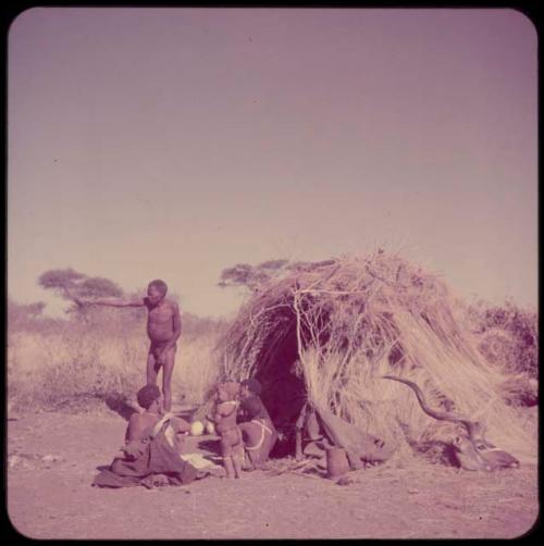 Groups, Extended Family: "Old ≠Toma" standing and /Gam sitting with other people in front of Gau's skerm, with a kudu head on the ground next to the skerm